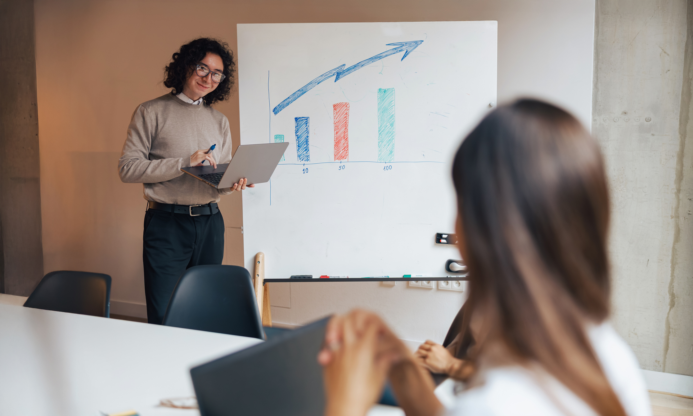 Business Presentation with a Growth Chart and an Engaged Audience actively participating